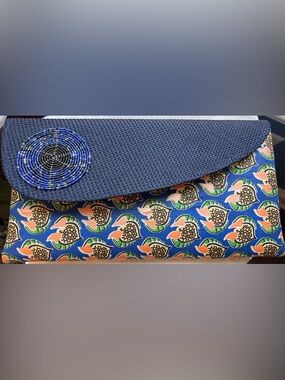 Blue Floral Patterned Clutch with Beaded Accent handmade, new without tags